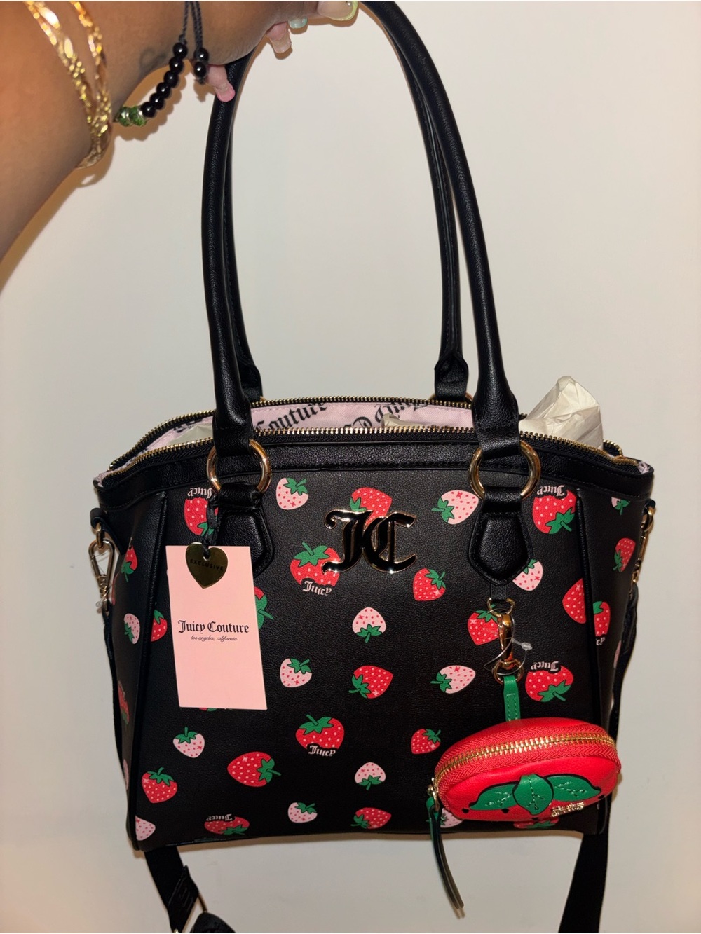 Juicy Couture Black Satchel with Red & Pink Strawberry Print